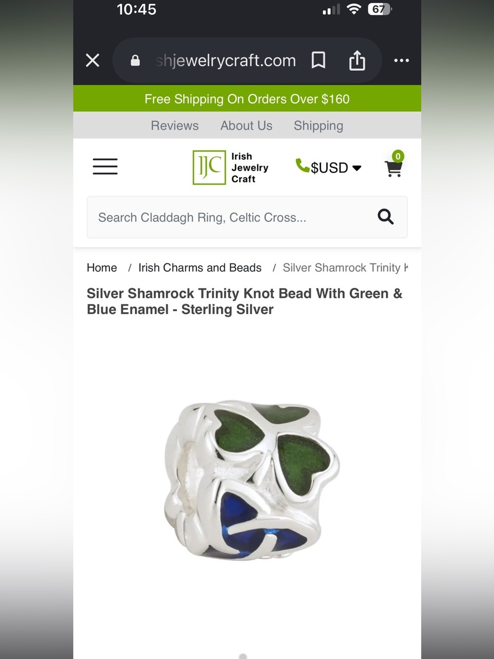 Sterling Silver Shamrock Trinity Knot Bead with Green & Blue Enamel